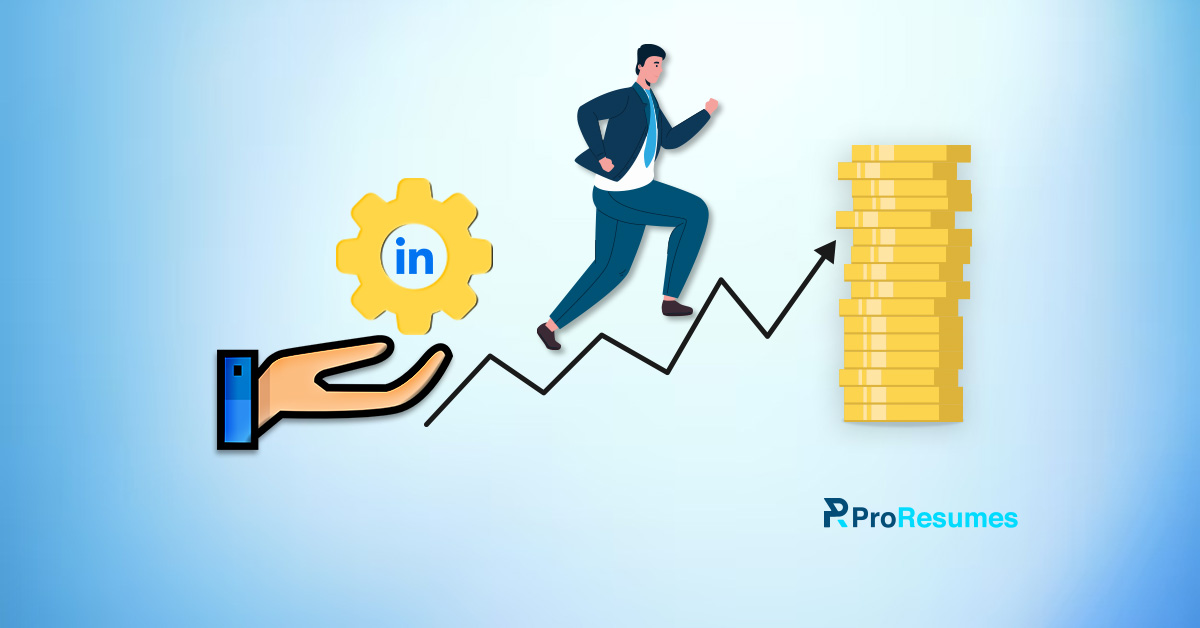 Illustration of a professional climbing a rising arrow graph from LinkedIn service page toward a stack of coins, symbolizing business growth through LinkedIn, with ProResumes branding.