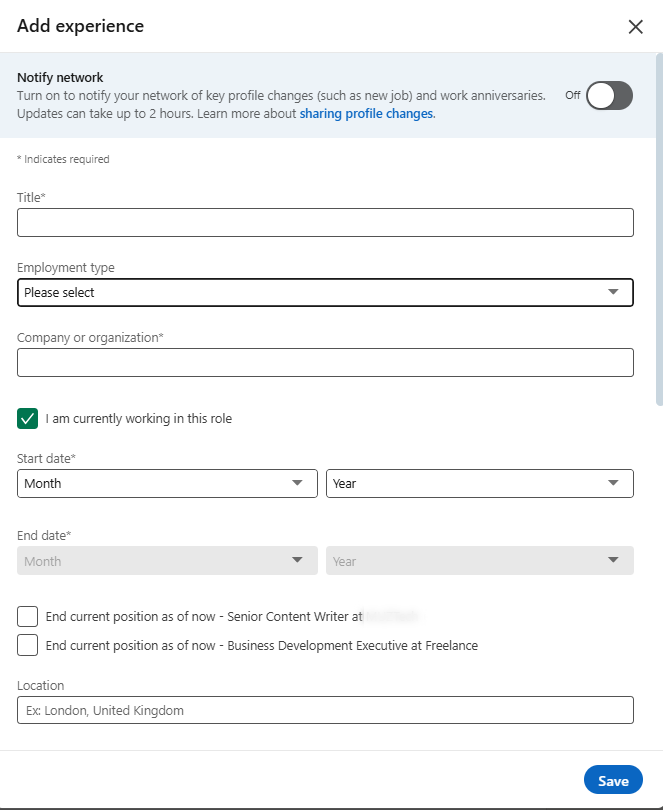The image is showing add experience section layout of LinkedIn.