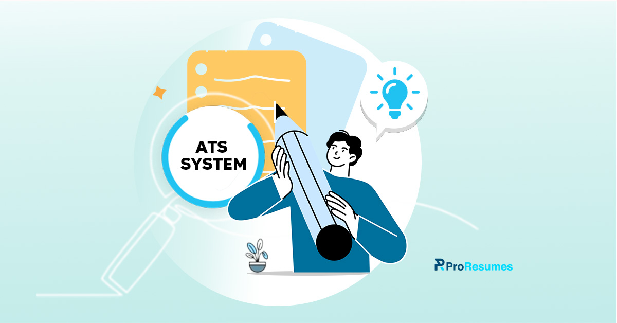 Illustration of a person holding a large pencil next to a magnifying glass highlighting the words “ATS SYSTEM,” symbolizing applicant tracking systems in resume screening.