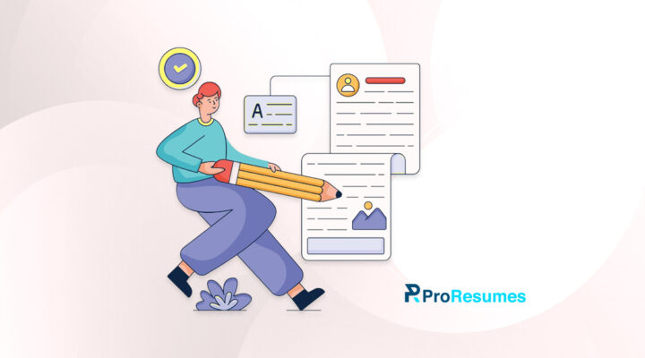 Illustration of a person holding an oversized pencil, appearing to write or edit documents that resemble a resume. The image represents professional resume writing.