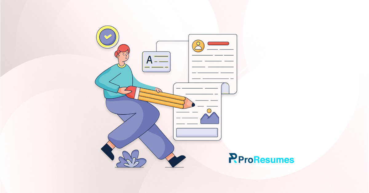 Illustration of a person holding an oversized pencil, appearing to write or edit documents that resemble a resume. The image represents professional resume writing.