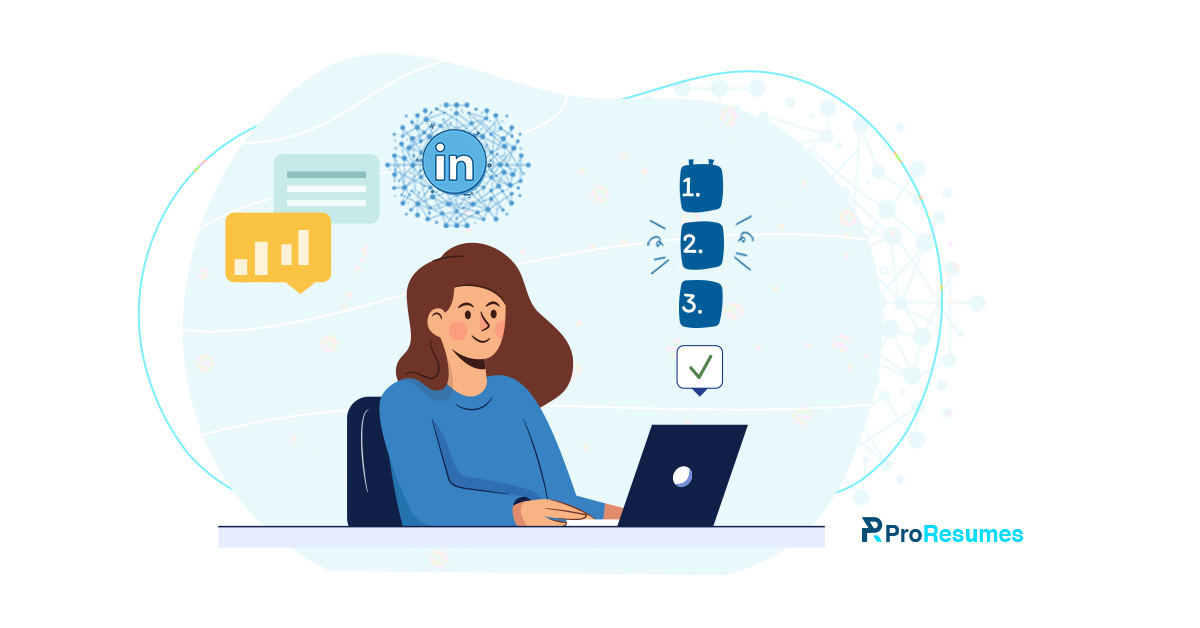 Illustration of a woman using a laptop, surrounded by icons representing LinkedIn connection degrees (1st, 2nd, 3rd), data analytics, messaging, and task completion steps (1, 2, 3). A LinkedIn network icon appears at the top, symbolizing professional networking. The image represents understanding and managing LinkedIn connection degrees for improved networking.