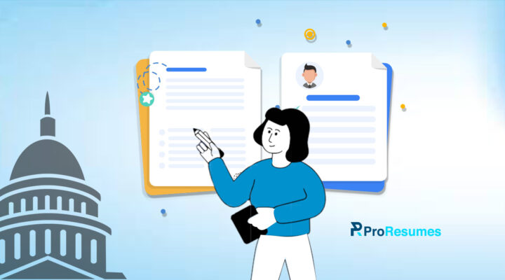 Federal resume vs standard resume image. A female is pointing on the federal resume.