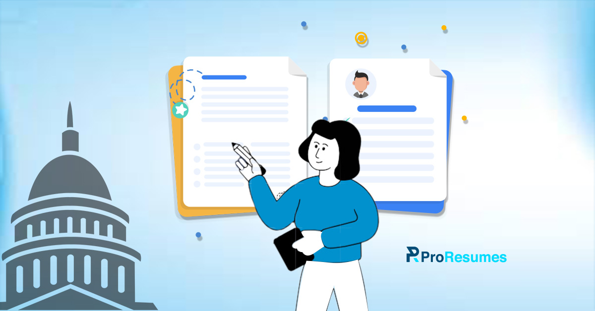 Federal resume vs standard resume image. A female is pointing on the federal resume.