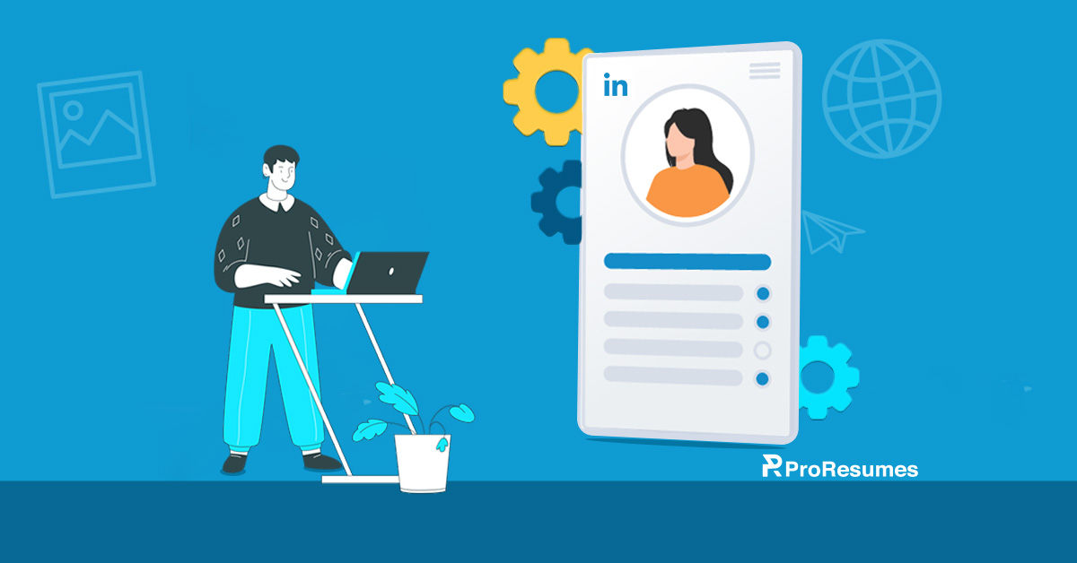 Alt text: Illustration of a person using a laptop next to a large LinkedIn profile card, symbolizing LinkedIn profile views and privacy settings, with gears and global icons in the background, branded with ProResumes.