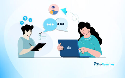 "Illustration of a professional conducting an informational interview, asking career-related questions, taking notes, and receiving guidance from a mentor online, representing career preparation and networking support by ProResumes.