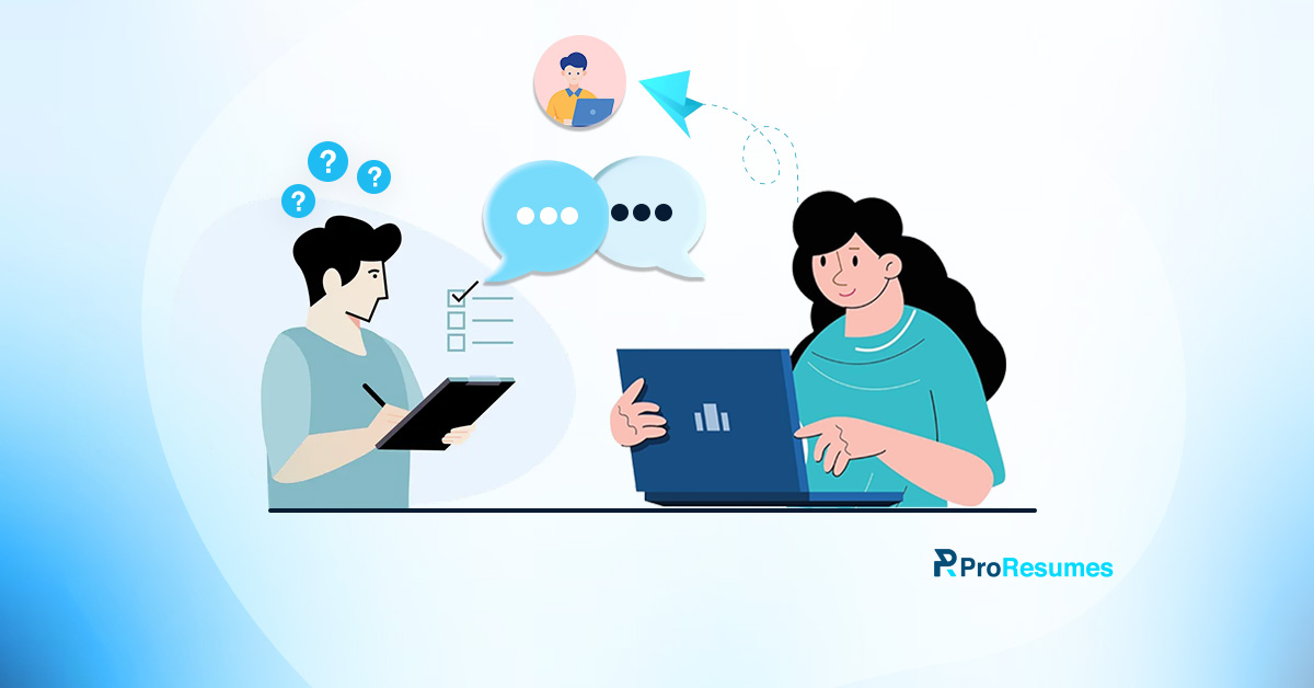 "Illustration of a professional conducting an informational interview, asking career-related questions, taking notes, and receiving guidance from a mentor online, representing career preparation and networking support by ProResumes.