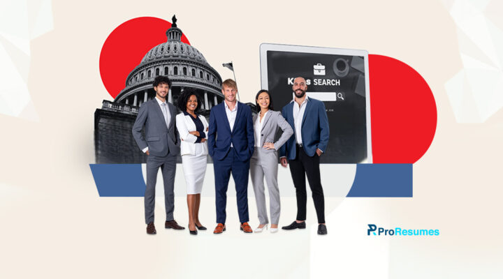 "A diverse group of professionals in business attire standing confidently in front of the U.S. Capitol dome and a screen showing 'KSAs SEARCH' — representing federal job applicants highlighting Knowledge, Skills, and Abilities.