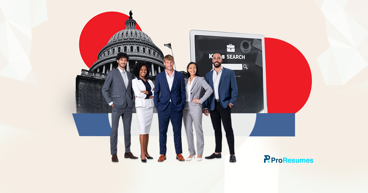 "A diverse group of professionals in business attire standing confidently in front of the U.S. Capitol dome and a screen showing 'KSAs SEARCH' — representing federal job applicants highlighting Knowledge, Skills, and Abilities.