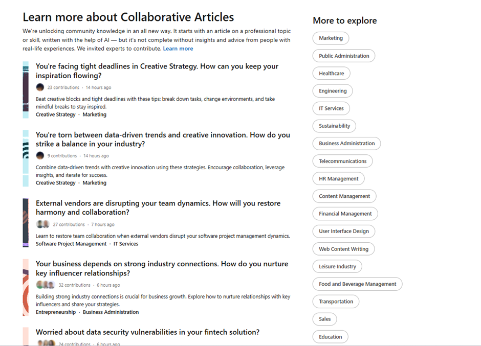 LinkedIn Collaborative Articles page showing a list of AI-assisted professional articles with expert contributions. Topics include Creative Strategy, Marketing, Software Project Management, and Business Administration. A sidebar on the right offers categories like Healthcare, IT Services, HR Management, and more for further exploration.