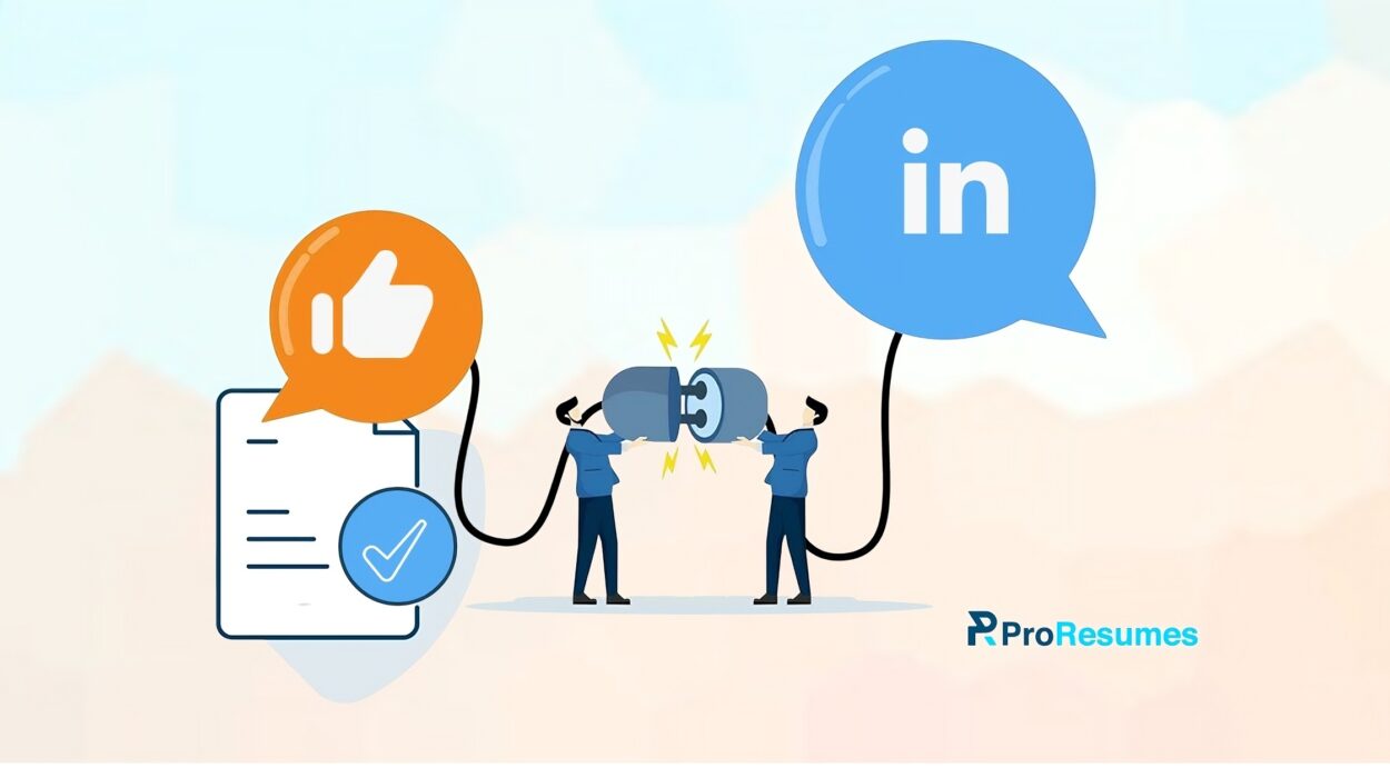 Visual representation of LinkedIn Collaborative Articles: two professionals connecting a plug to symbolize knowledge sharing. On one side, icons show a document, checkmark, and thumbs-up for content credibility and peer feedback; on the other, a LinkedIn speech bubble highlights platform engagement. ProResumes logo at the bottom signifies expert contribution and profile visibility.