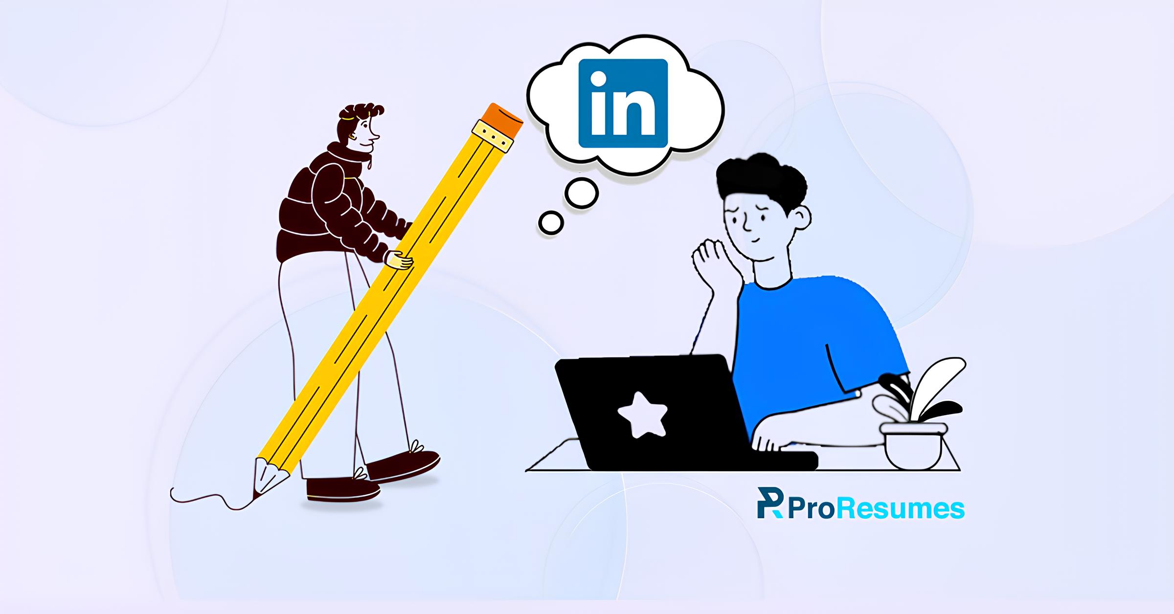 Cartoon illustration of a person writing with a giant pencil while another thinks about LinkedIn, representing the choice between hiring a LinkedIn profile writer or doing it yourself.