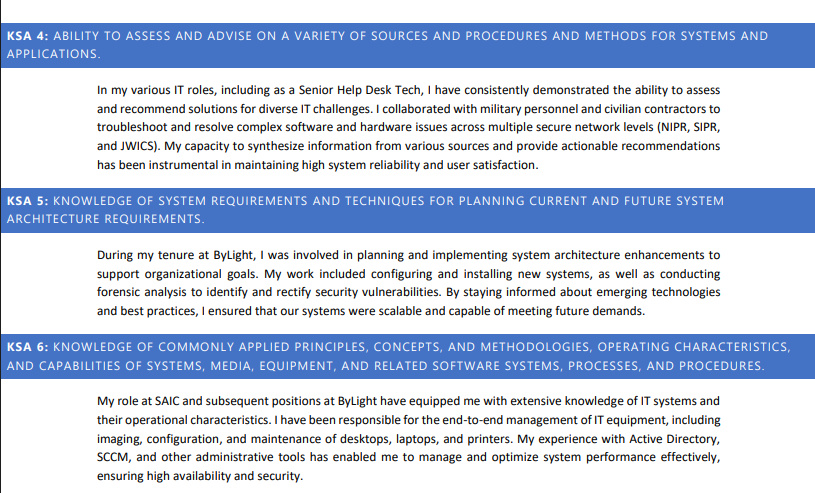 KSA 4, KSA 5, and KSA 6 descriptions highlighting IT systems expertise, system architecture planning, and operational knowledge of IT equipment.