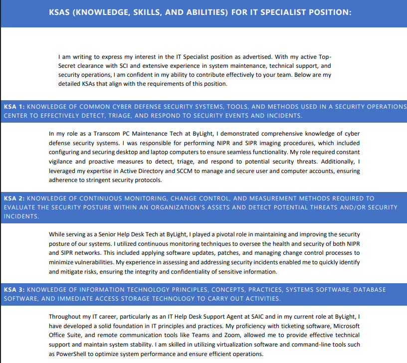 IT Specialist position KSAs introduction with detailed responses for KSA 1, KSA 2, and KSA 3 covering cybersecurity, continuous monitoring, and IT principles.