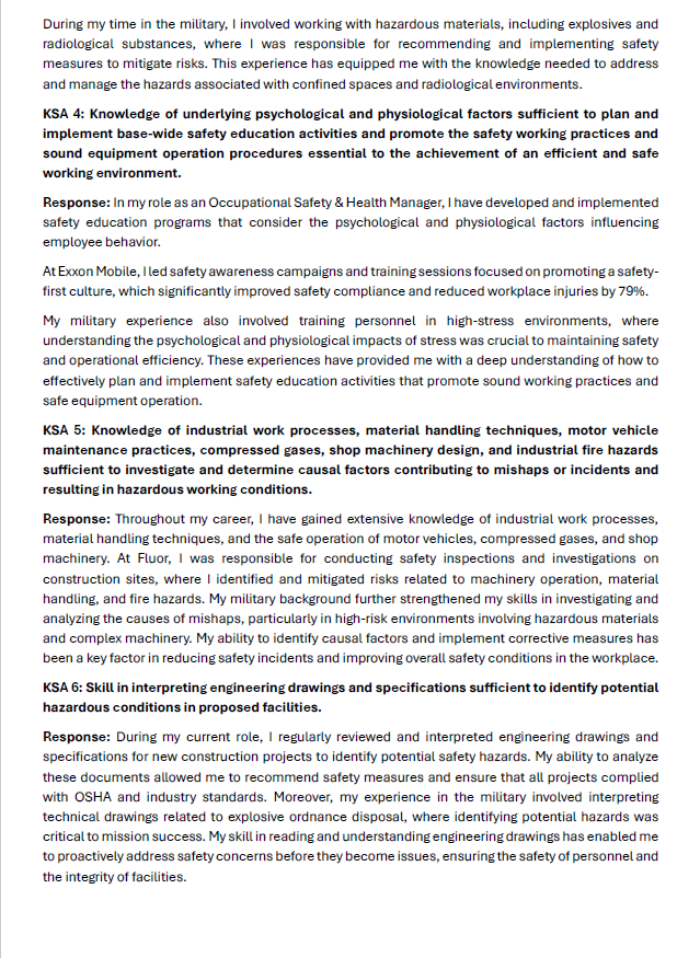 KSA 4, KSA 5, and KSA 6 responses detailing psychological and physiological safety factors, industrial work processes, and engineering drawing interpretations.