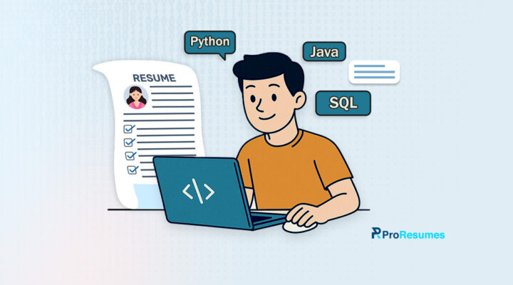 Cartoon-style illustration showing a software engineer using a laptop with coding icons (Python, Java, SQL) and a resume document, representing a professional software engineer resume service provider (ProResumes).
