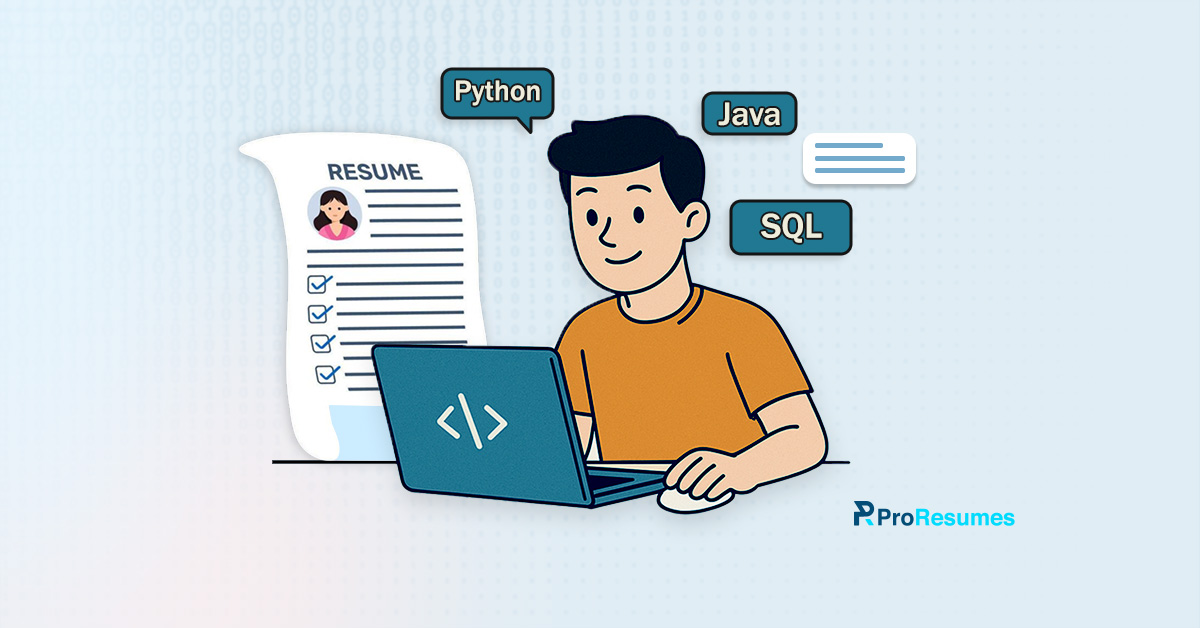 Cartoon-style illustration showing a software engineer using a laptop with coding icons (Python, Java, SQL) and a resume document, representing a professional software engineer resume service provider (ProResumes).