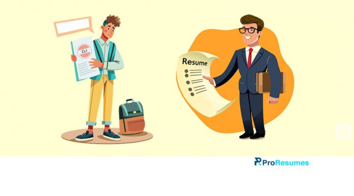 An illustration comparing CV or Resume, showing a young person holding a document labeled “CV” on the left and a professional man in a suit holding a “Resume” on the right. The image visually highlights the difference between a CV or Resume for job applications.