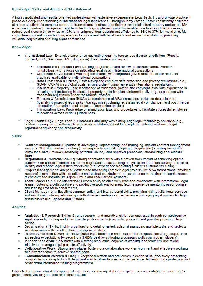 "Knowledge, Skills, and Abilities (KSA) statement outlining expertise in international law, contract law, corporate governance, data protection, and legal technology.