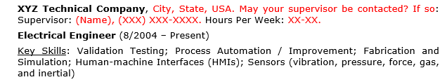 Screenshot showing an example of additional required details in a federal resume, including employer name, location, supervisor contact permission, supervisor's name and phone number, hours worked per week, job title, employment dates, and key skills related to the role.