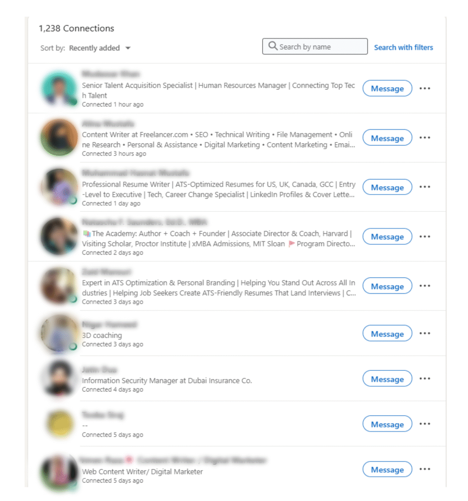Screenshot from LinkedIn showing a list of 1st-degree connections. These connections are directly linked to the user's profile and include professionals from various industries.