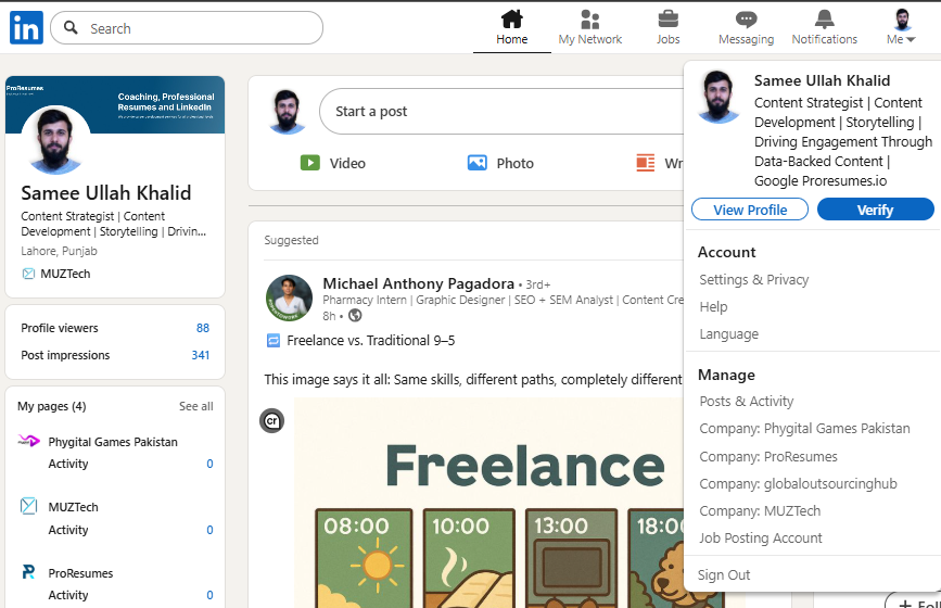 LinkedIn desktop profile navigation showing ‘Me’ icon and profile dropdown to access service page setup.