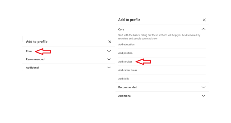 “Add profile section on LinkedIn showing the ‘Core’ tab and ‘Add services’ option.
