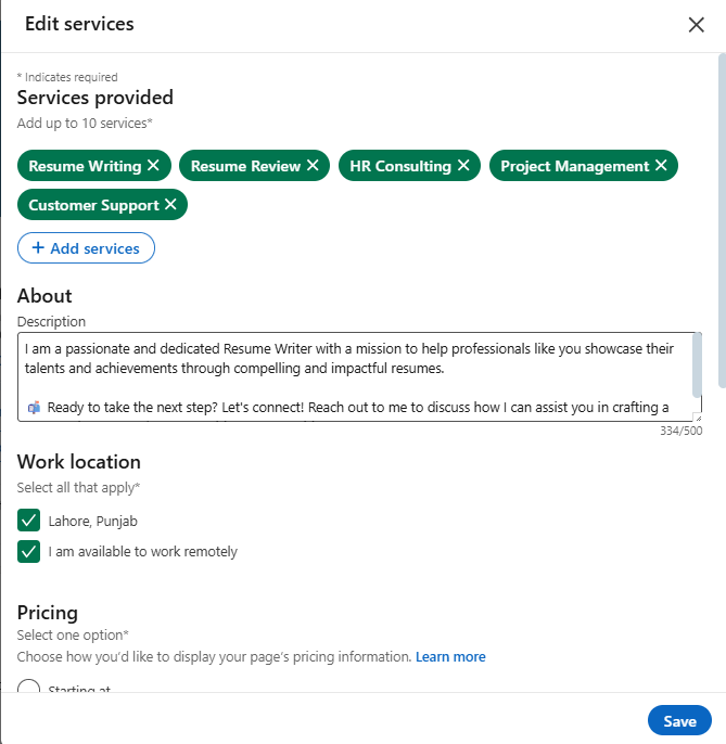 LinkedIn Service Page form with fields to add services, description, media, pricing, and delivery method.