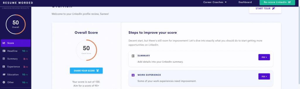 Screenshot of a LinkedIn profile scan report from Resume Worded, showing an overall score of 50 out of 100. Headline, education, and other sections scored 10/10, while the summary and experience sections scored 3/10. The right panel suggests improvements to boost visibility and profile strength.