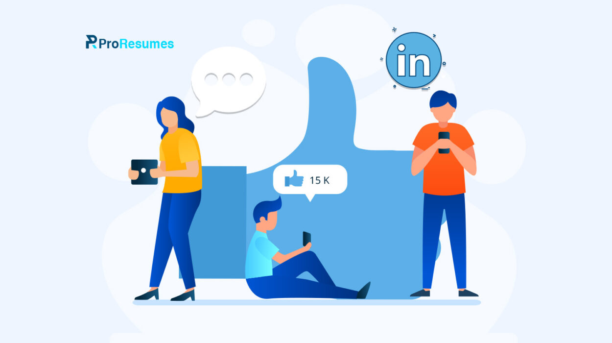 Illustration depicting LinkedIn Messaging, with three individuals using mobile devices in front of a large thumbs-up symbol. The image reflects how professionals use LinkedIn Messaging to build connections, share updates, and grow engagement. ProResumes branding is visible in the top-left corner.