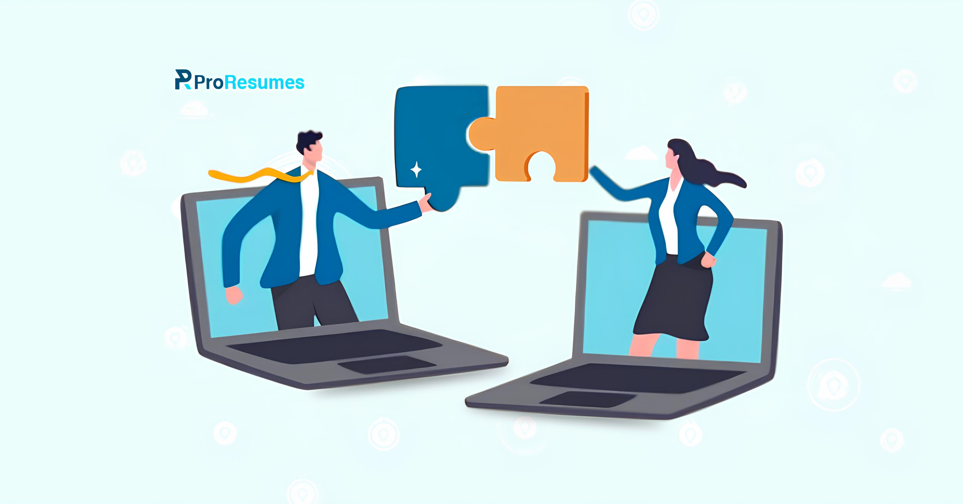Illustration representing mutual connections on LinkedIn. A man and a woman emerge from two separate laptops, each holding a puzzle piece that connects, symbolizing a shared professional contact or connection.