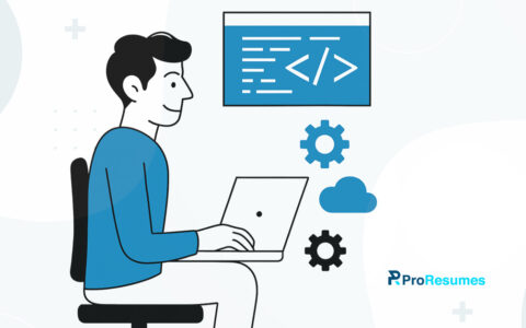 Illustration of a software engineer coding on a laptop with programming symbols, gears, and cloud icons, representing the day in the life of a software engineer.