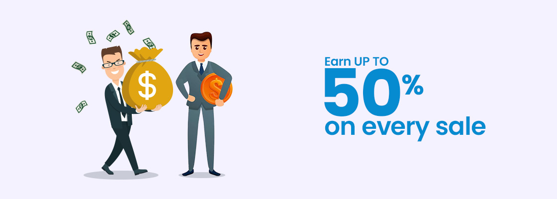 Two cartoon businessmen holding large money symbols—one with a sack of cash and the other with a coin—celebrating affiliate earnings with text "Earn up to 50% on every sale" to promote a high-commission affiliate program.