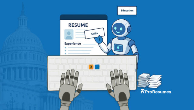 AI for federal resume writing illustration showing a robot assisting with USAJOBS resume creation for government hiring.