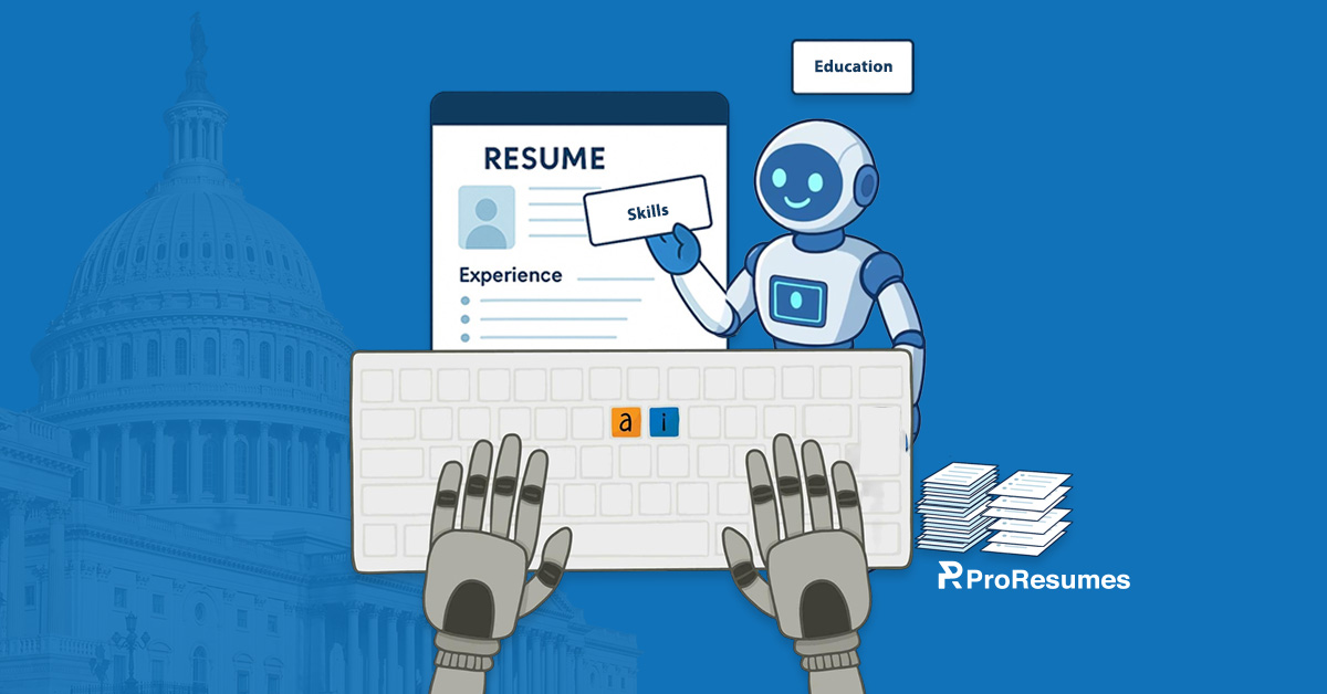 AI for federal resume writing illustration showing a robot assisting with USAJOBS resume creation for government hiring.