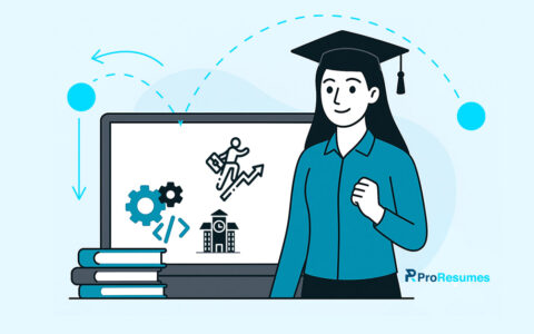 Illustration of a graduate in cap and gown standing next to a laptop showing IT career icons, symbolizing IT education programs and career growth – ProResumes branding.