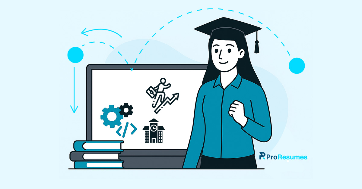 Illustration of a graduate in cap and gown standing next to a laptop showing IT career icons, symbolizing IT education programs and career growth – ProResumes branding.