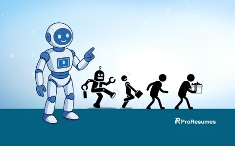 A robot pointing at workers being replaced, symbolizing declining jobs by 2030 due to automation and AI, with ProResumes branding.