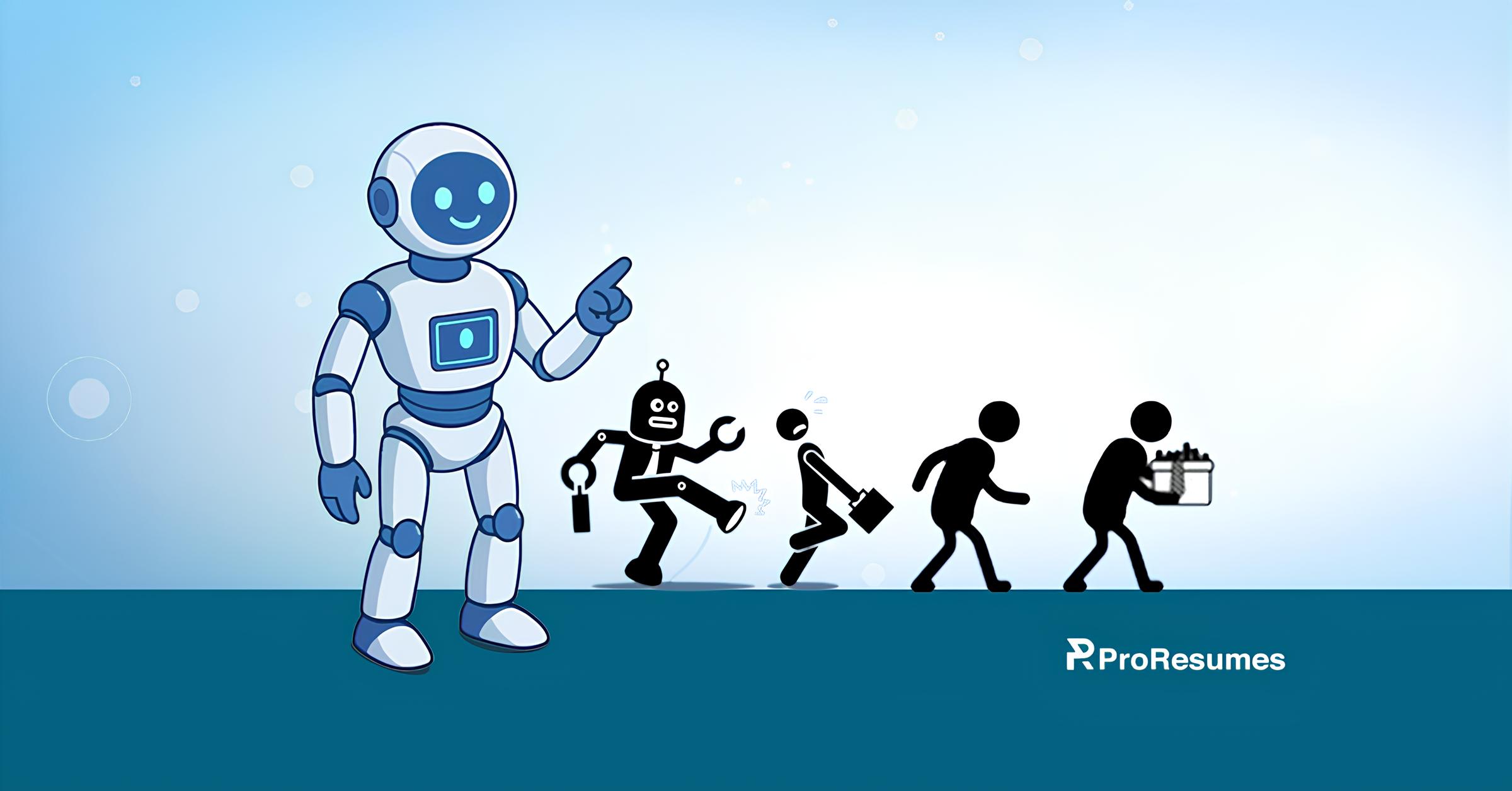 A robot pointing at workers being replaced, symbolizing declining jobs by 2030 due to automation and AI, with ProResumes branding.