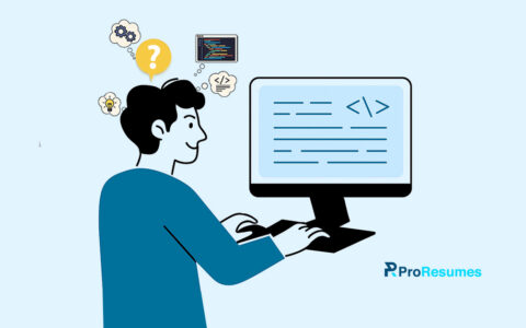 Illustration of a person coding on a computer, representing a software engineering career, with icons for programming, problem-solving, and development, by ProResumes.