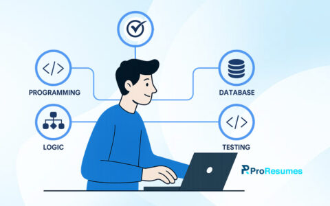 Illustration of a software engineer working on a laptop with icons representing core technical skills: programming, logic, database management, and testing, created for ProResumes.