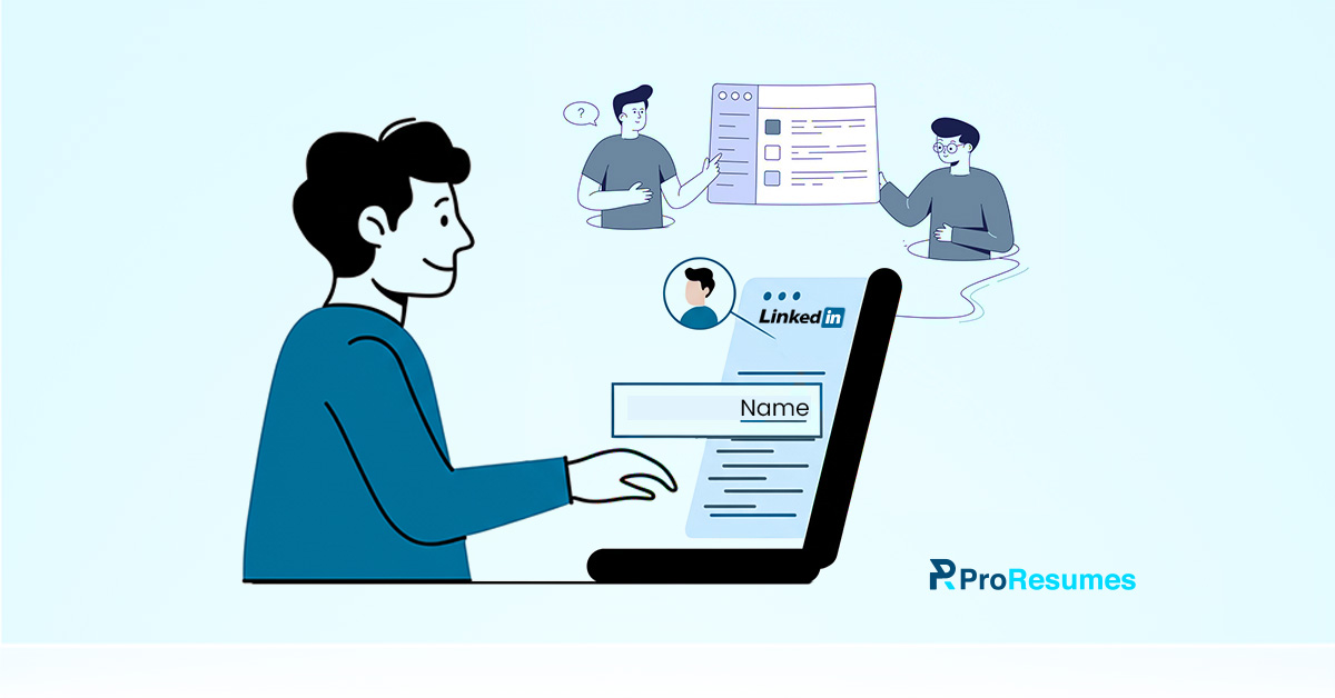 Illustration of a person creating LinkedIn content on a laptop, with LinkedIn interface elements and collaboration icons in the background, branded with the ProResumes logo.