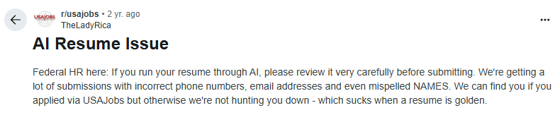Screenshot highlighting HR recruiters’ concerns about using AI for federal resume writing, focusing on resume quality, customization, and compliance with USAJOBS hiring standards.