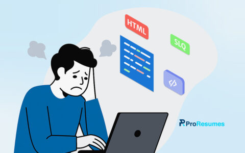 Illustration of a stressed software developer experiencing burnout while working on a laptop, surrounded by coding languages like HTML and SQL, symbolizing software developer burnout