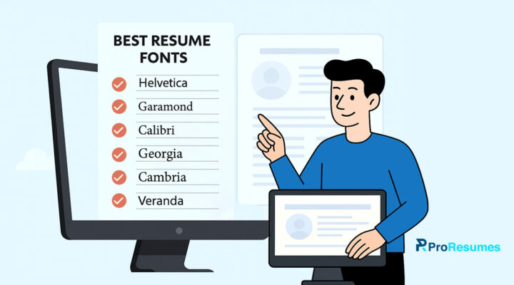 Illustration of a person pointing at a monitor displaying a list titled “Best Resume Fonts” with Helvetica, Garamond, Calibri, Georgia, Cambria, and Veranda, representing top professional fonts for resumes.