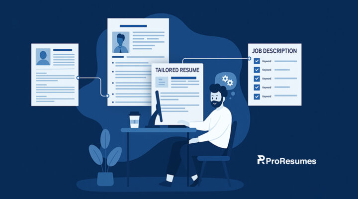 Resume professional is tailoring a resume on laptop to match job description and highlight relevant skill.