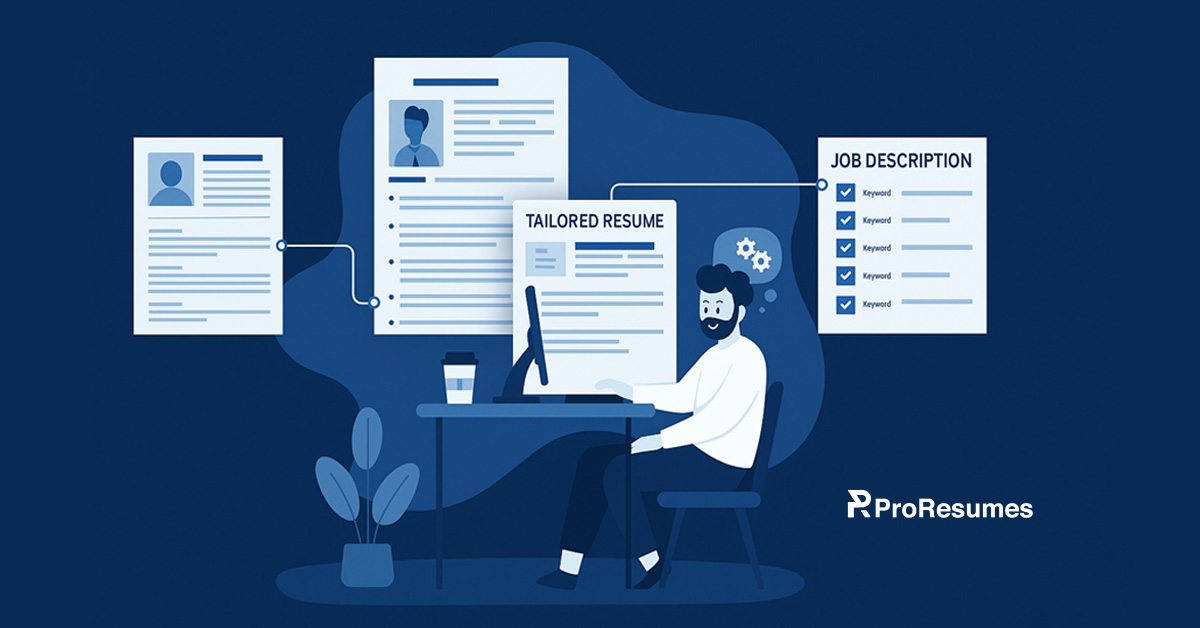Resume professional is tailoring a resume on laptop to match job description and highlight relevant skill.