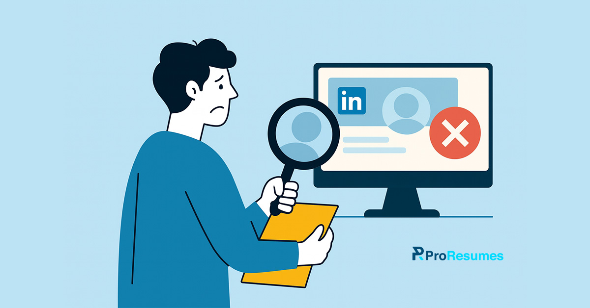 Illustration of a worried person holding a magnifying glass and looking at a LinkedIn profile with an error symbol, representing common LinkedIn mistakes.