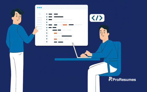 Illustration of two developers discussing code on screen while preparing for a software engineering interview.