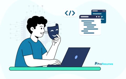 Illustration of a programmer experiencing imposter syndrome, holding a mask while coding on a laptop, symbolizing self-doubt in software development.